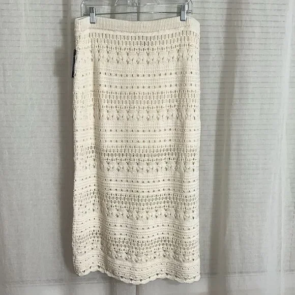 UT XLβCream Openwork Midi Sweater Crochet Knit Scalloped Drawstring Skirt - Picture 10 of 16